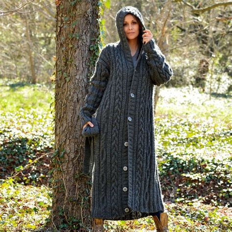 Hooded Chunky Cable Hand Knit 100 Wool Long Coat Cardigan Dark Grey