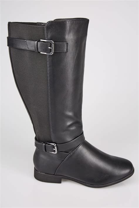 Black Xl Calf Riding Boots With Stretch Panels And Buckle Details In True Eee Fit Sizes 4eee To 10eee