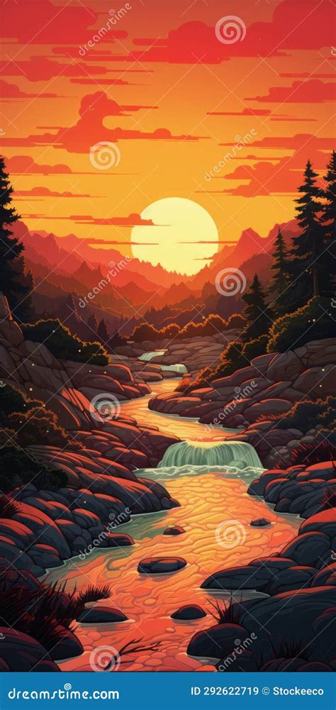 Cartoonish Sunset Landscape Illustration With Meandering River Stock