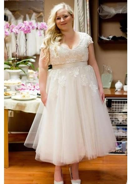 Plus size tea length wedding dress bc723. 2021 Cheap A-Line Wedding Dresses Tulle Tea Length Capped ...