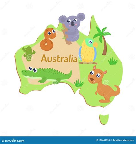 Karte Von Australien Mit Karikaturtieren Für Kinder Stock Abbildung