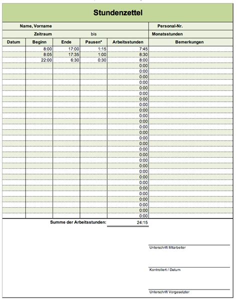 Kostenloser Stundenzettel für Excel oder als PDF