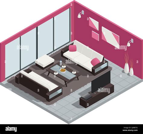 Dining Room Isometric Composition With Sofa Table And Windows Vector
