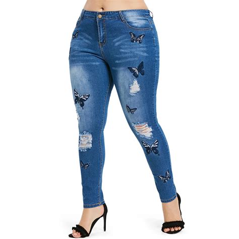 Rosegal Plus Size Butterfly Distressed Embroidered Jeans Women Skinny
