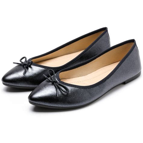 Heawish Womens Flats Shoes Pointed Toe Bow Leather Black Ballet Flats