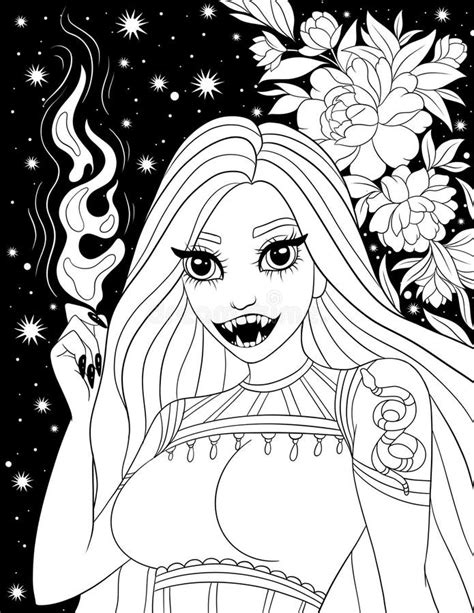 Horror Beauties Coloring Page For Adult Stock Illustration