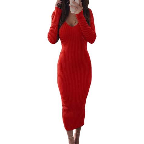 Winter Party Dress Elegant Clubwear V Neck Party Red Dress Sexy Bodycon Solid Skinny Pack Hip