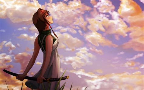 Wallpaper Anime Girl Looking Up Clouds Katana Sky Plants Brown