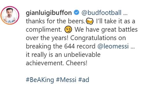 Lets have a look at gianluigi buffon's and lionel messi's defensive skills. Budweiser send beer to every keeper that has conceded to ...