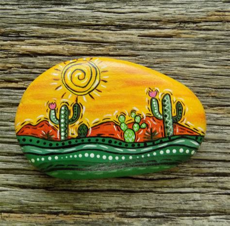 Desert Scene Abstract Cactus Painted Rockdecorative Accent Etsy