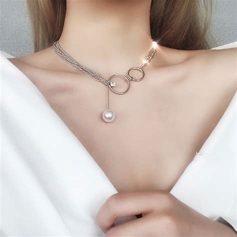 Trinketsea Trendy Silver Choker Necklace For Women Stimulated Pearl Drop Asymmetrical Chain