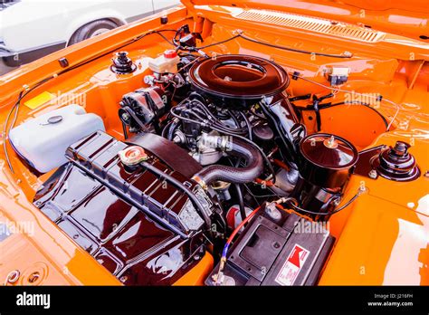 Immaculate Engine Bay Of A Restored Orange Ford Capri 28i Stock Photo