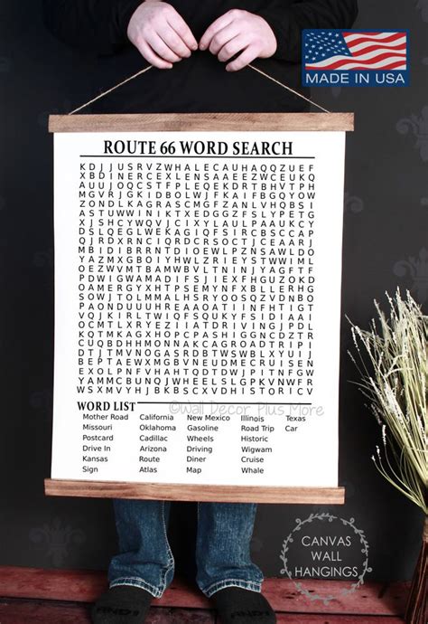 Wood Canvas Wall Hanging Route 66 Word Search Puzzle Sign Decor Print