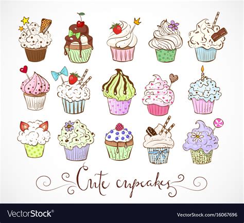 Set Of Doodle Sketch Cupcakes With Decorations Vector Image