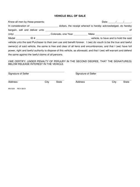 Colorado Bill Of Sale Form Free Templates In Pdf Word Excel To Print