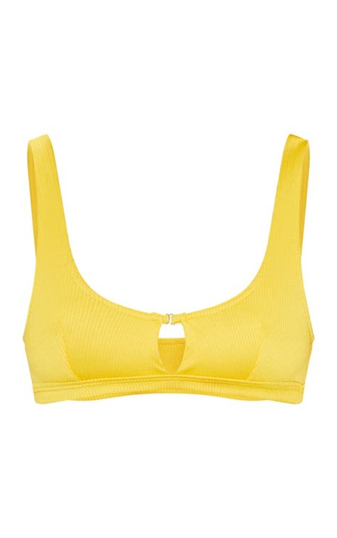 Mustard Ribbed Cut Out Bikini Top Swimwear Prettylittlething Usa
