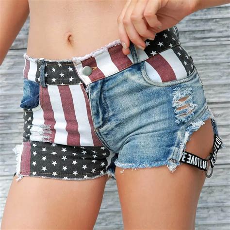 Summer Denim Shorts Women American Usa Flag Print Shorts Beachwear Woman Cute Hot Shorts Daisy