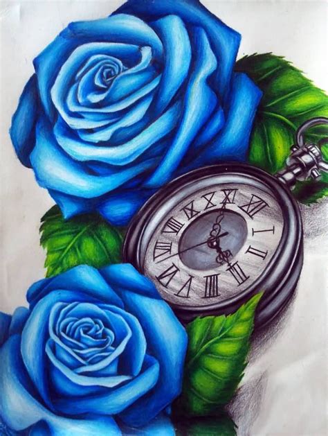 Blue Roses And Clock Tattoo Design 3d Rose Tattoo Pink Flower Tattoos