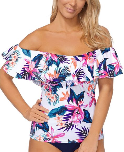Island Escape Womens White Tropical Print Stretch Ruffled Removable