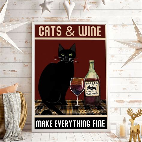 Cats And Wine Make Everything Fine Cat Vertical Poster Cat Etsy
