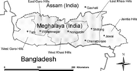 Outline Map Of Meghalaya Showing Main Towns And Boundaries Of Hill