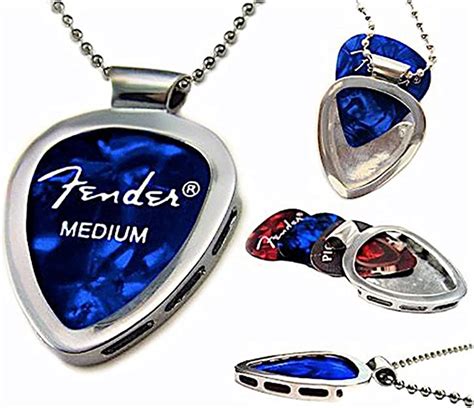 Guitar Pick Holder Pendant Necklace Chrome Stainless Steel And Fender