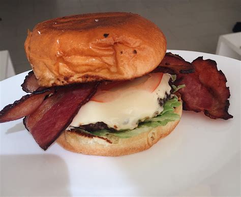 Home Made Toasted Brioche Bun Beef Patty Cheddar Cheese Bacon