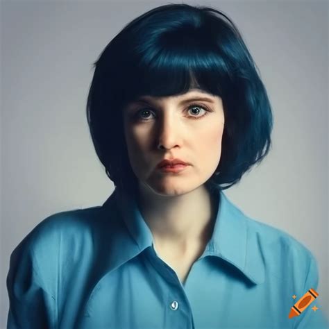 1980s Style Portrait Of A Woman In A Blue Shirt On Craiyon