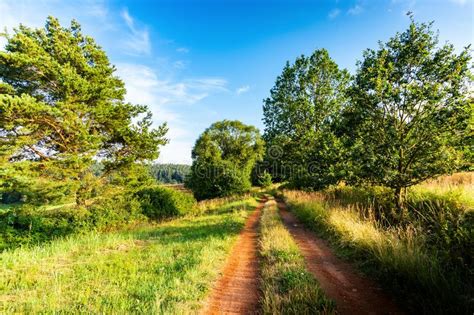 Road Through The Field And Clouds On Blue Sky In Summer Day Stock Image