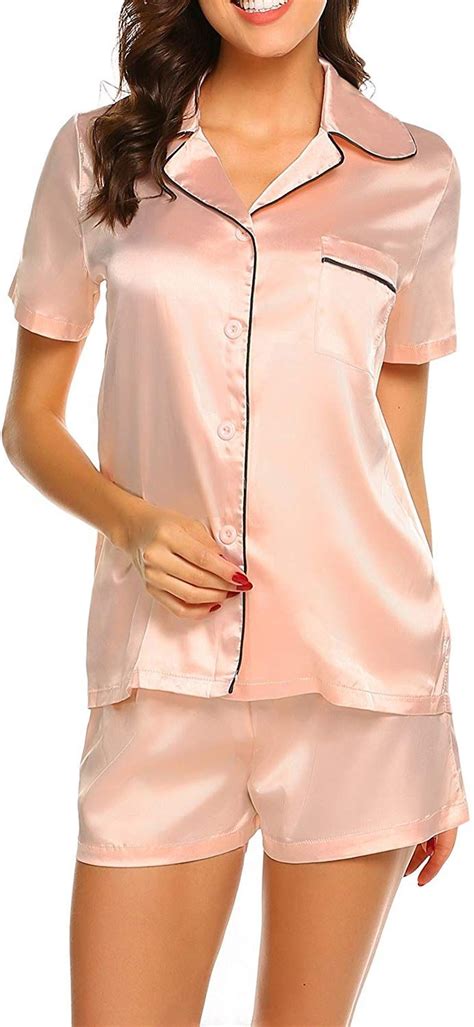 Zhenwei Summer Pajamas For Women Satin Short Sleeve With Shorts Pockets