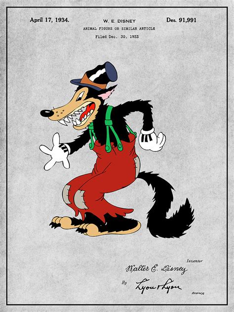 1934 Walt Disney Big Bad Wolf Gray Colorized Patent Print Drawing By