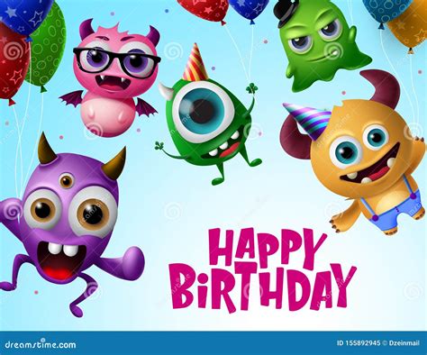 Happy Birthday With Monster Characters Vector Design Happy Birthday