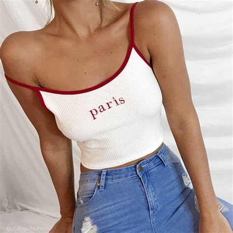 Focal20 Streetwear Women Sexy Cropped Letter Embroidery Camis Summer Backless Slim Crop Top