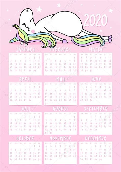 unicorn calendar  year cute girly design printable