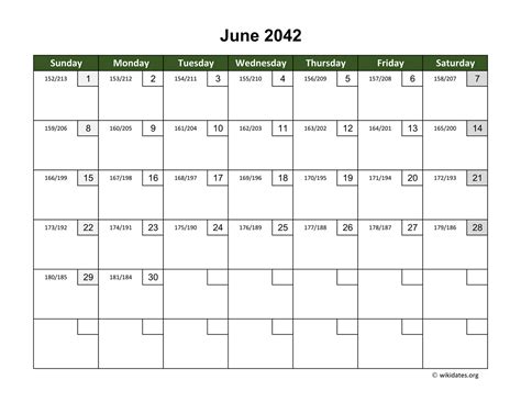 June 2042 Calendar With Day Numbers