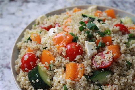 Made with cucumbers, tomatoes, kalamata olives, red onion, extra virgin olive oil, fresh lemon and feta cheese. Low FODMAP Greek Quinoa Salad (Vegetarian) - Lauren ...