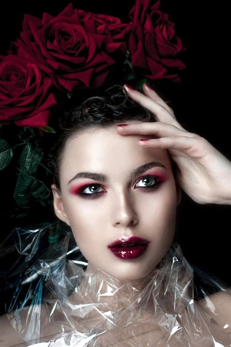Beauty Fashion Model Woman Face Portrait With Red Rose Flowers Red
