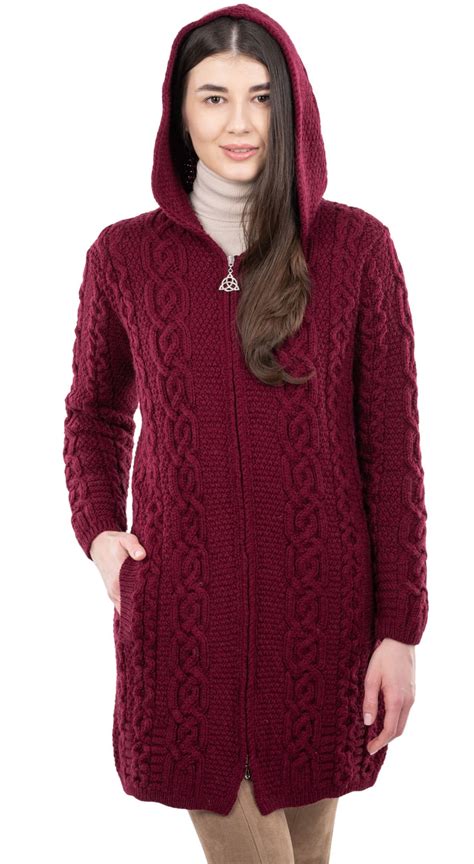 Saol 100 Merino Wool Womens Aran Zip Hooded Irish Cardigan Sweater