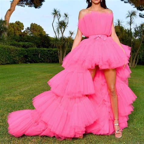 Hot Pink High Low Prom Gowns Off The Shoulder Tiered Tulle Hi Low