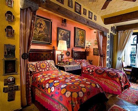 Concrete and white bedroom interior. Nice merging of Mexican, colorful, & potentially quilts ...