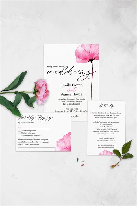 Beautiful Vibrant Pink Fuchsia Wedding Invitation Floral Wedding