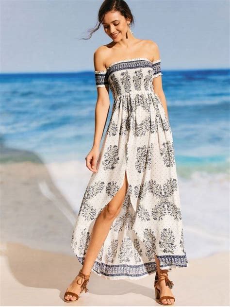 Printed Off Shoulder Smocked Maxi Beach Dress White Beach Maxi Dress