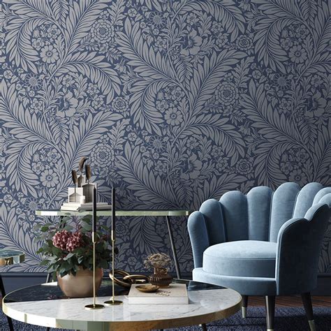 Belgravia Decor Florence Floral Leaf Blue Wallpaper Slinns Wallpaper