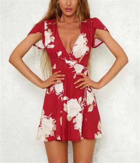 vaniglia women floral print sleeve sexy deep vneck tunic top casual mini dress1814hongl check