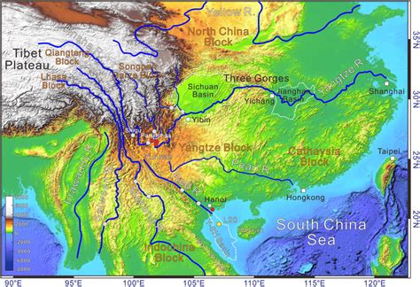 Topographic Map Of East Asia And Major Rivers Draining Southeastern