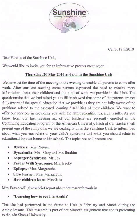 Sunshine News: Letter to Parents: Invitation for Parents Meeting