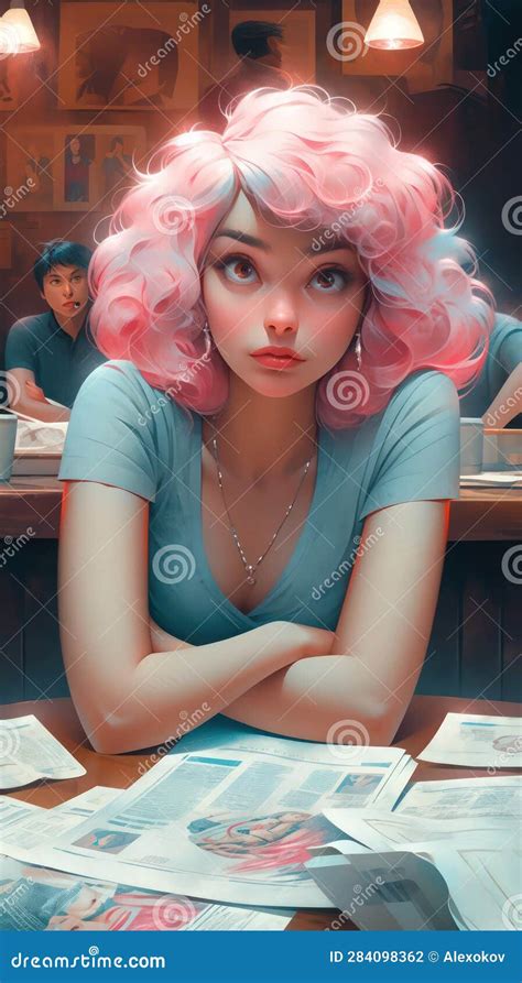 Anime Girl With Icy Blue Curly Hair Under Table And Newspaper Ai Generated Stock Illustration