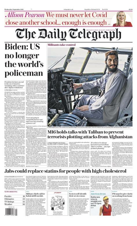 Daily Telegraph Front Page 1st Of September 2021 Tomorrows Papers Today