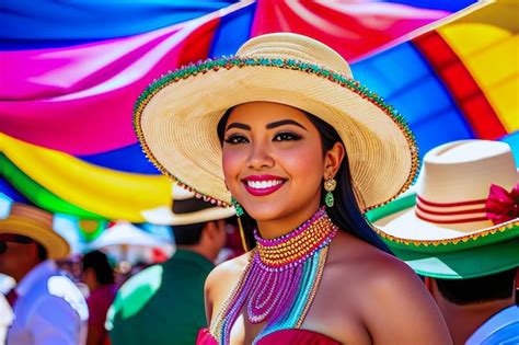 Una Mujer Con Sombrero Y Sombrero De Paja Se Para Frente A Una Carpa Colorida Foto Premium