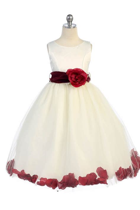 Ivoryburgundy Satin And Tulle Petal Flower Girl Dress With Sash And Flower